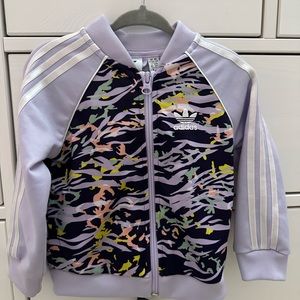Adidas purple printed toddler track suit.